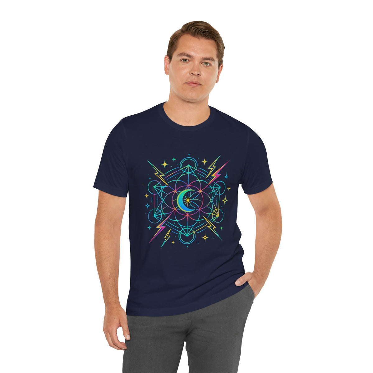 Cosmic Vibes Unisex Tee - Neon Lightning Design, Perfect for Festivals, Casual Wear, Gift for Dreamers, Unique Graphic Tee, Astrology Shirt