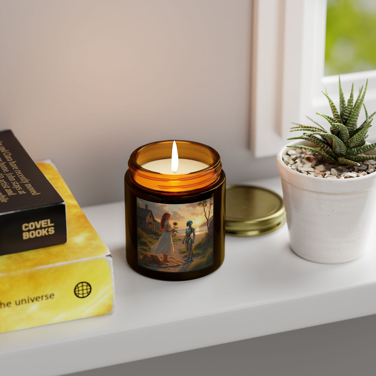 red head with sunflower modern future candle
