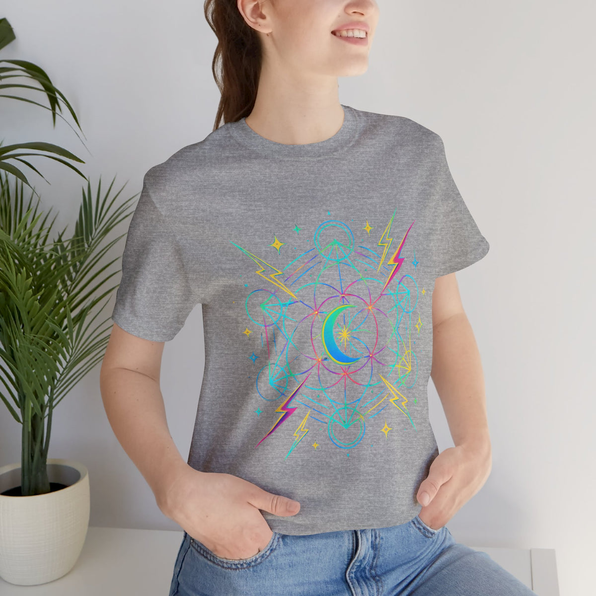 Cosmic Vibes Unisex Tee - Neon Lightning Design, Perfect for Festivals, Casual Wear, Gift for Dreamers, Unique Graphic Tee, Astrology Shirt