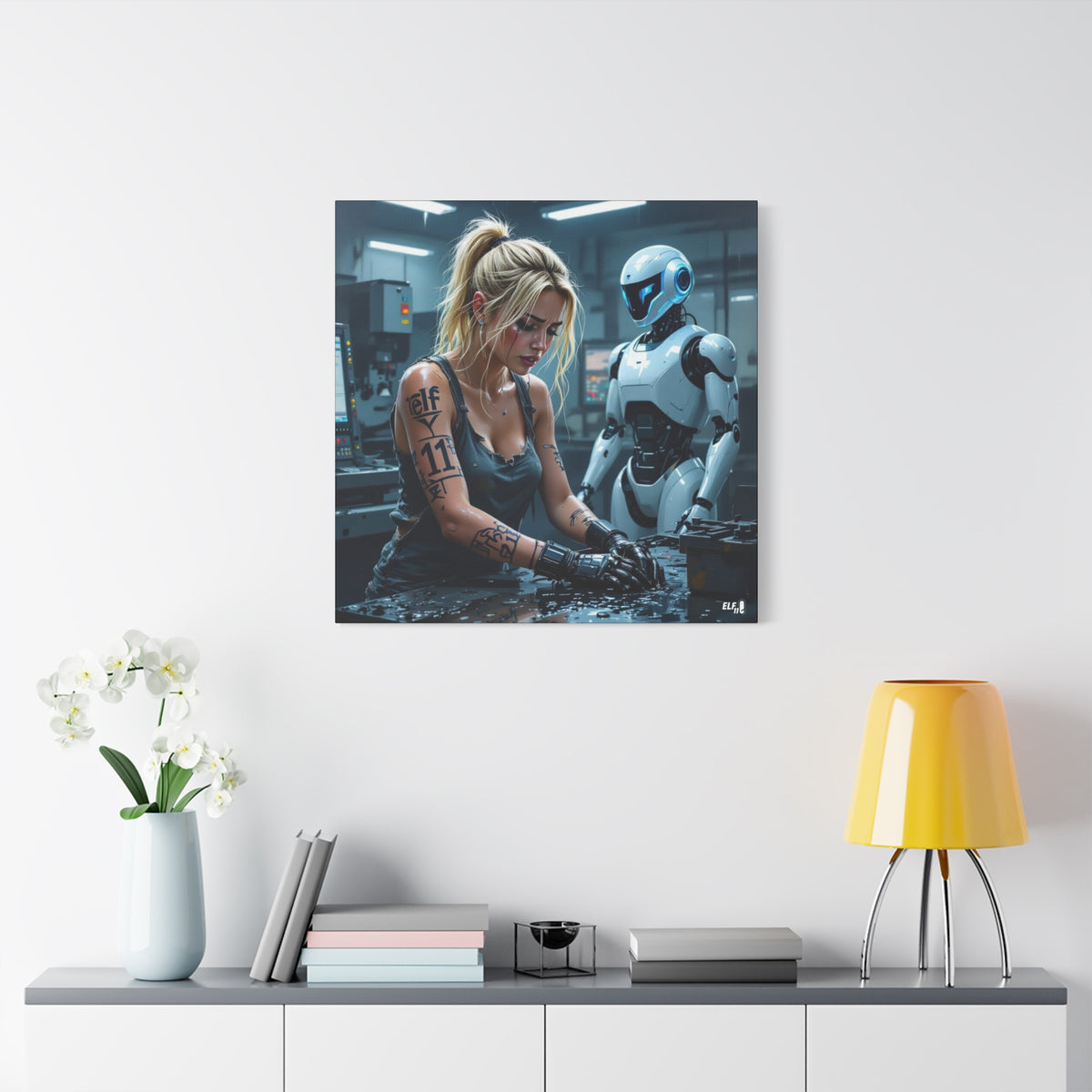 Robot and Woman machine shop modern future canvas picture