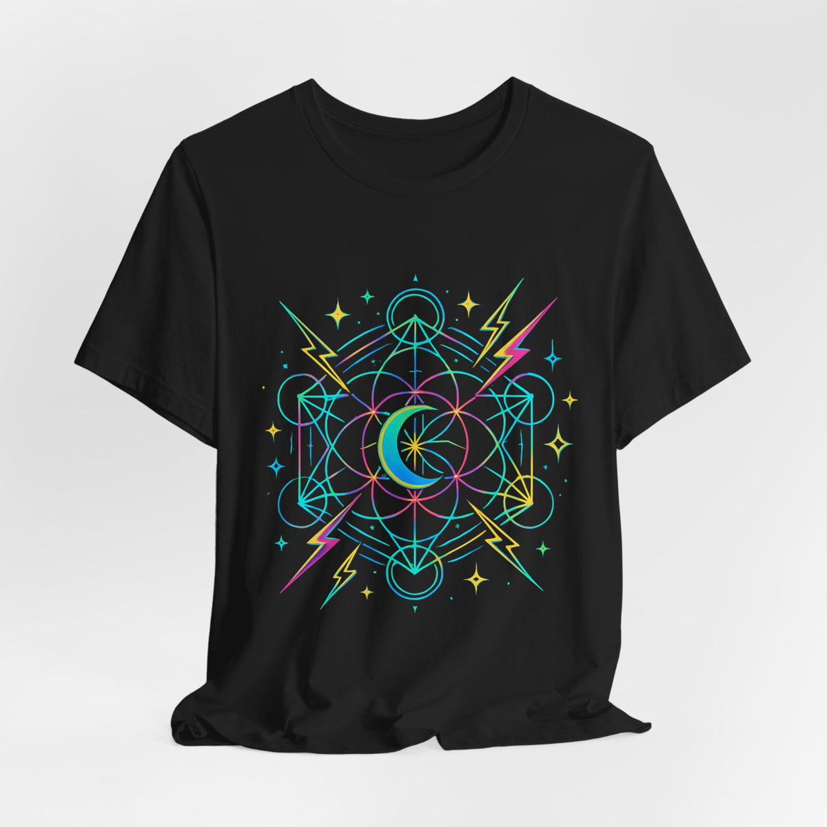 Cosmic Vibes Unisex Tee - Neon Lightning Design, Perfect for Festivals, Casual Wear, Gift for Dreamers, Unique Graphic Tee, Astrology Shirt