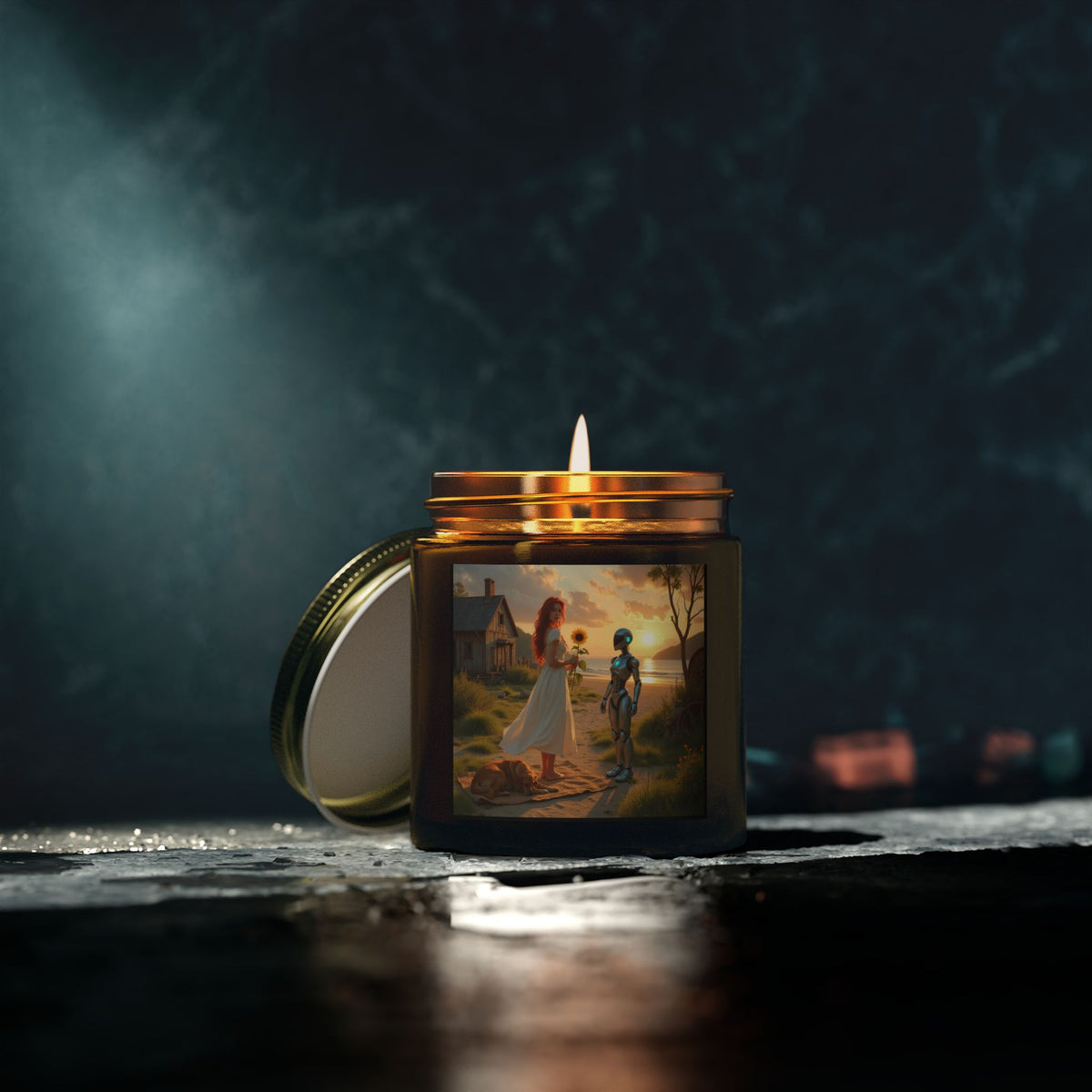 red head with sunflower modern future candle