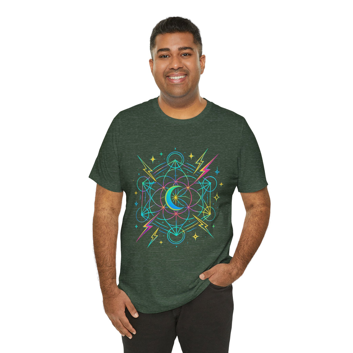 Cosmic Vibes Unisex Tee - Neon Lightning Design, Perfect for Festivals, Casual Wear, Gift for Dreamers, Unique Graphic Tee, Astrology Shirt