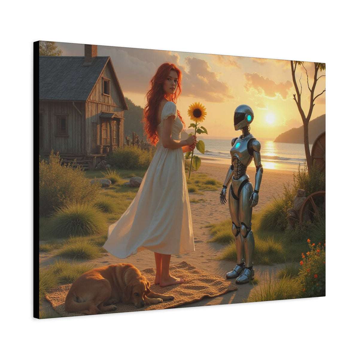 red head with sunflower modern future canvas picture