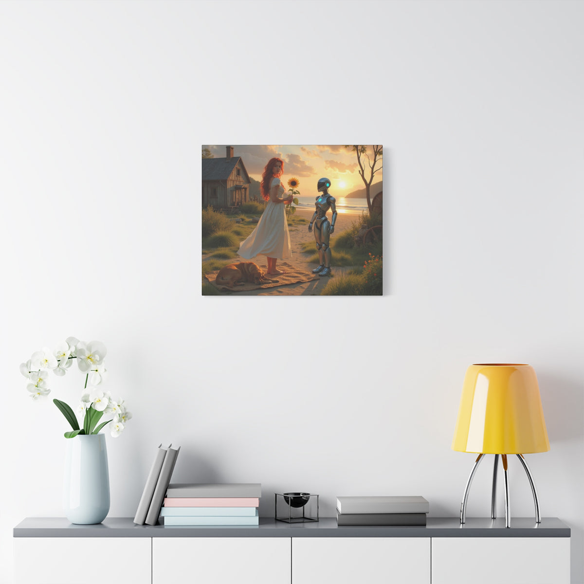 red head with sunflower modern future canvas picture