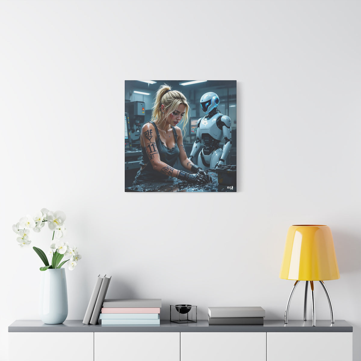 Robot and Woman machine shop modern future canvas picture