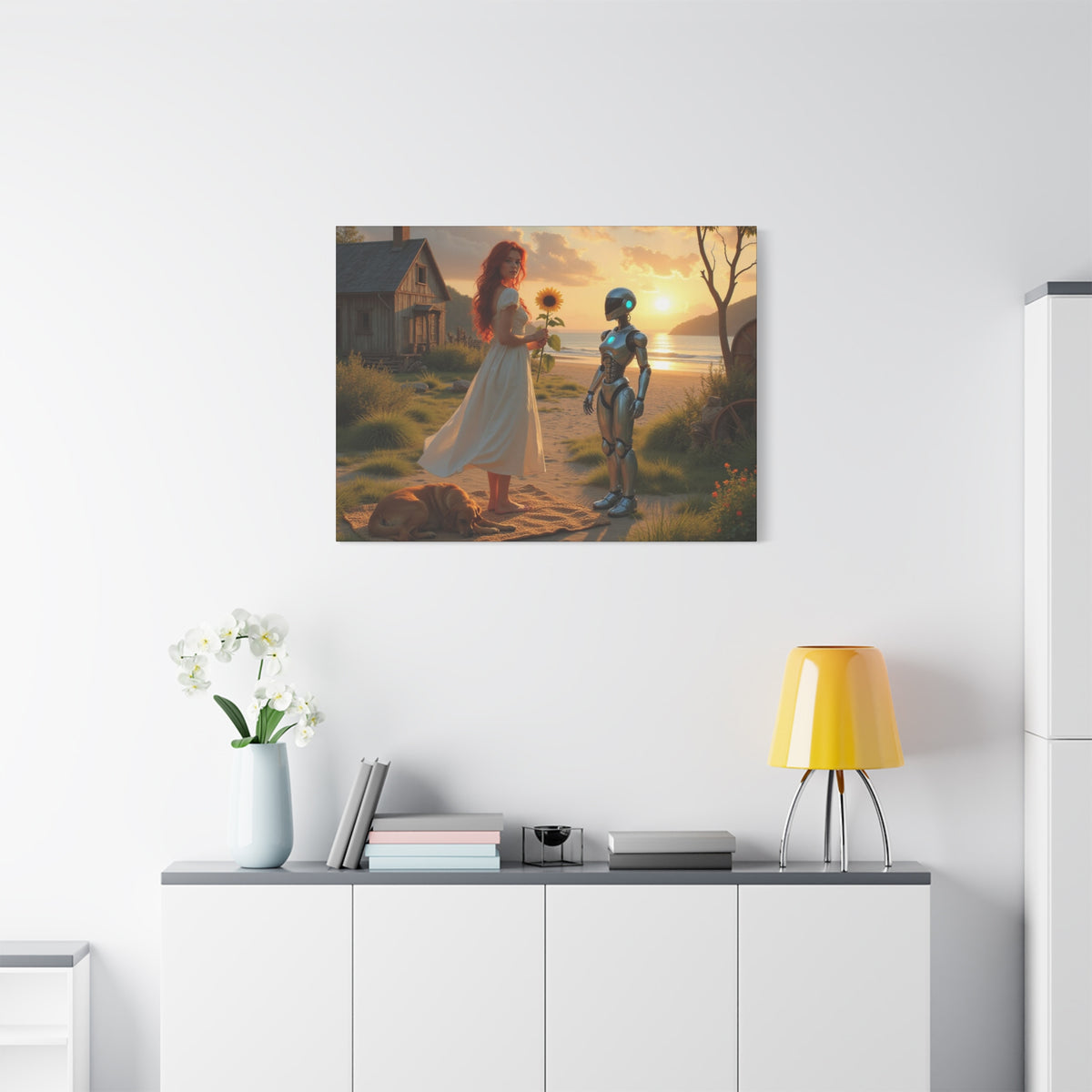 red head with sunflower modern future canvas picture
