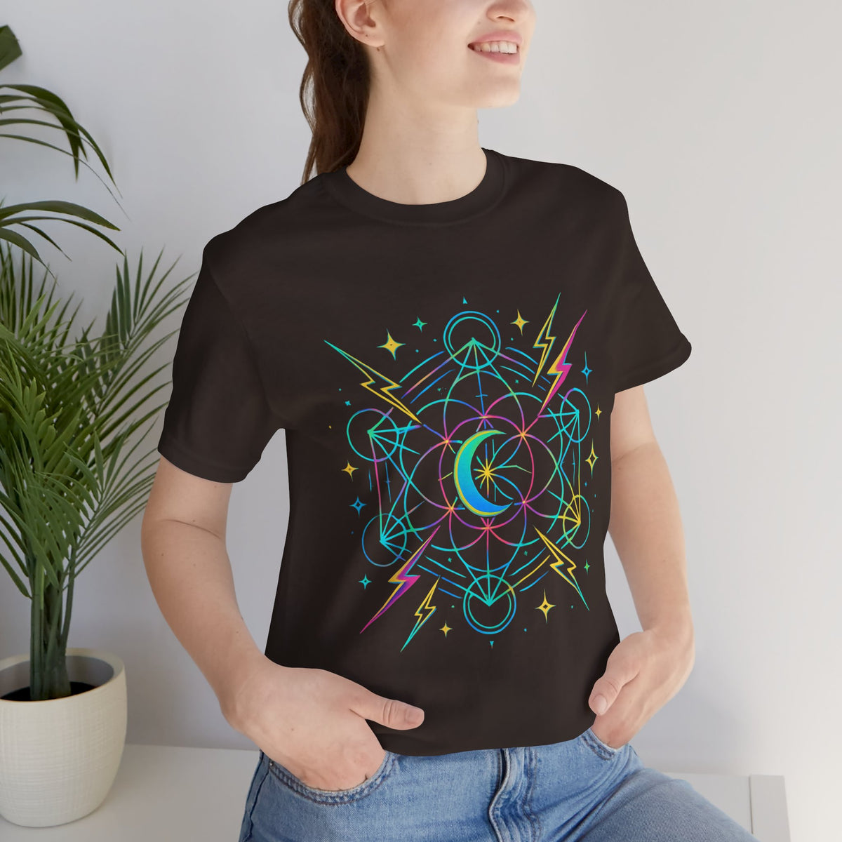 Cosmic Vibes Unisex Tee - Neon Lightning Design, Perfect for Festivals, Casual Wear, Gift for Dreamers, Unique Graphic Tee, Astrology Shirt