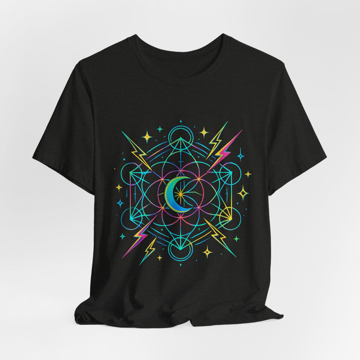 Cosmic Vibes Unisex Tee - Neon Lightning Design, Perfect for Festivals, Casual Wear, Gift for Dreamers, Unique Graphic Tee, Astrology Shirt