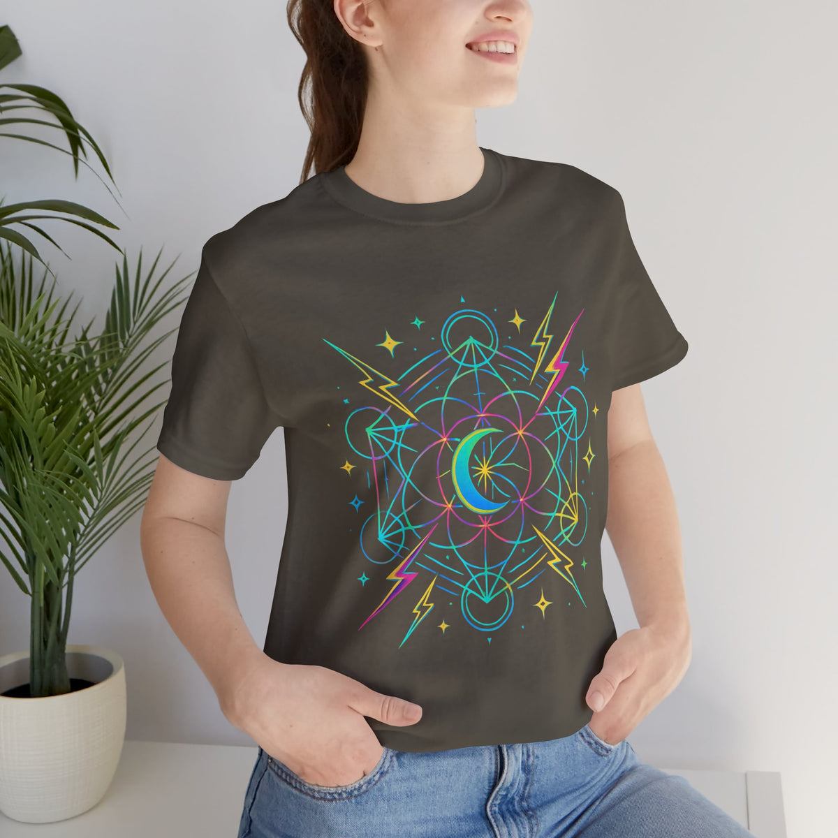 Cosmic Vibes Unisex Tee - Neon Lightning Design, Perfect for Festivals, Casual Wear, Gift for Dreamers, Unique Graphic Tee, Astrology Shirt