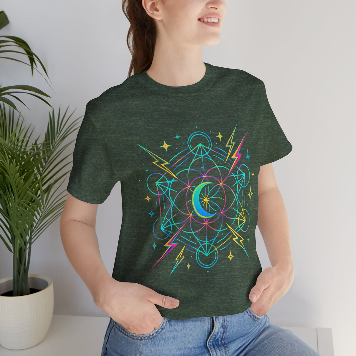 Cosmic Vibes Unisex Tee - Neon Lightning Design, Perfect for Festivals, Casual Wear, Gift for Dreamers, Unique Graphic Tee, Astrology Shirt