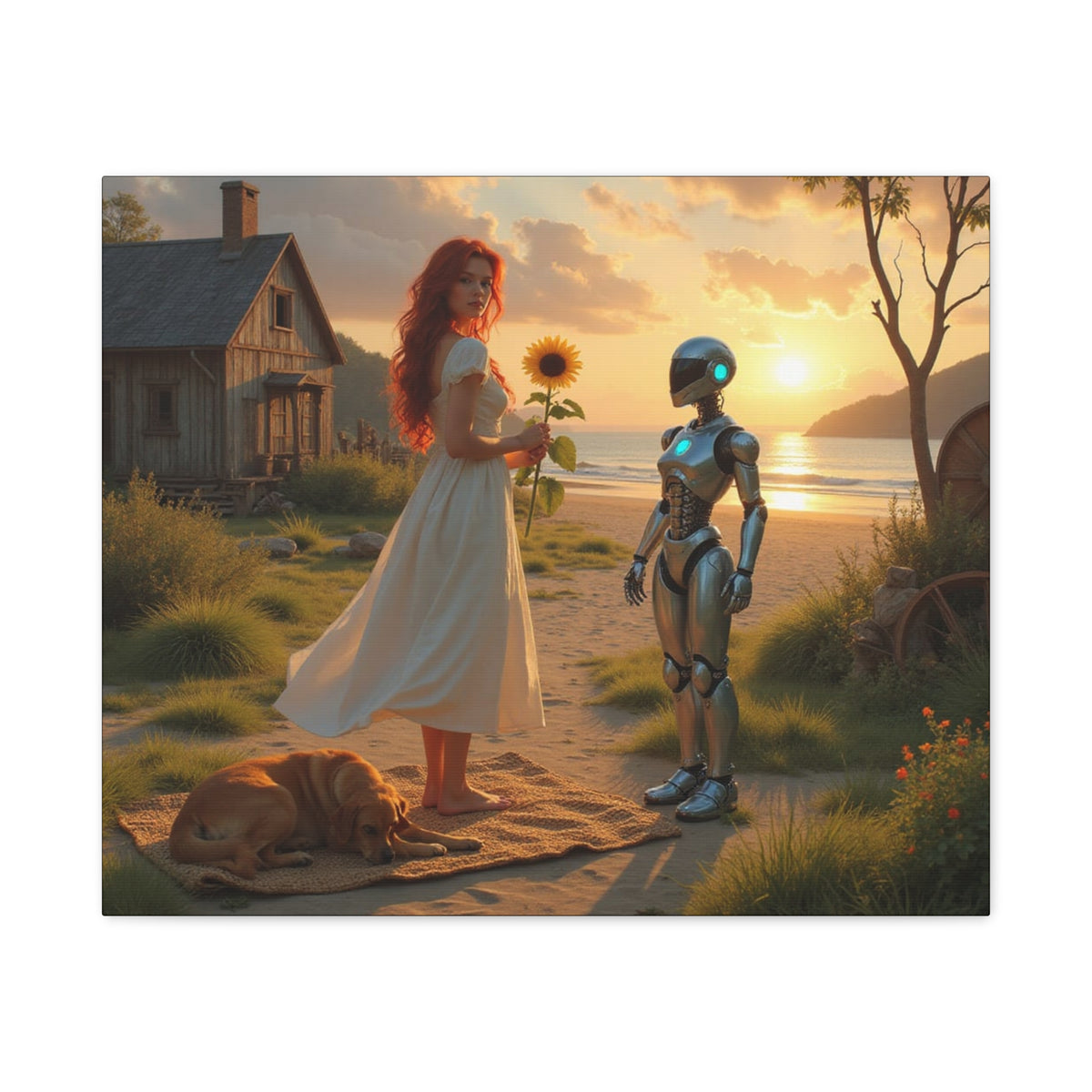 red head with sunflower modern future canvas picture