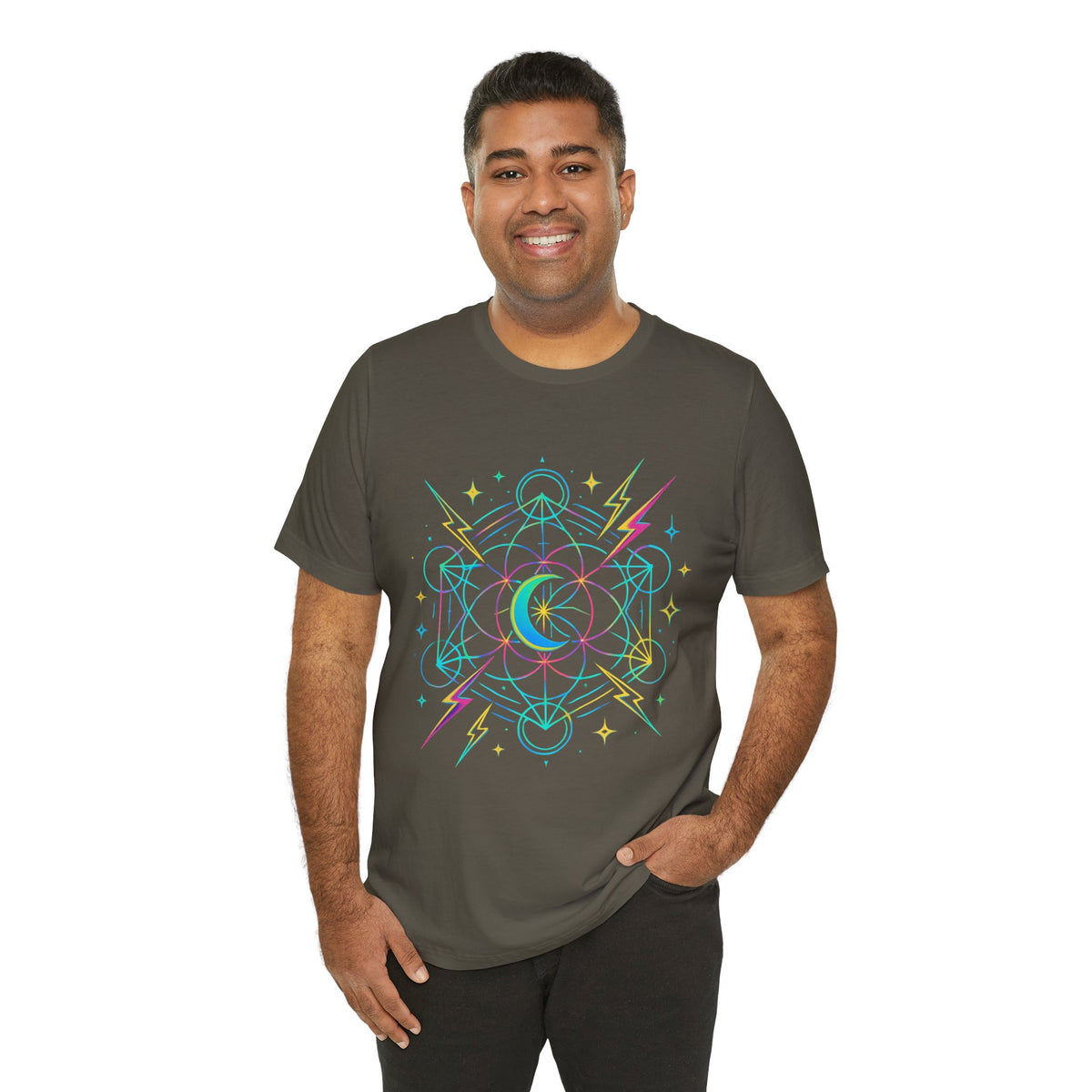 Cosmic Vibes Unisex Tee - Neon Lightning Design, Perfect for Festivals, Casual Wear, Gift for Dreamers, Unique Graphic Tee, Astrology Shirt