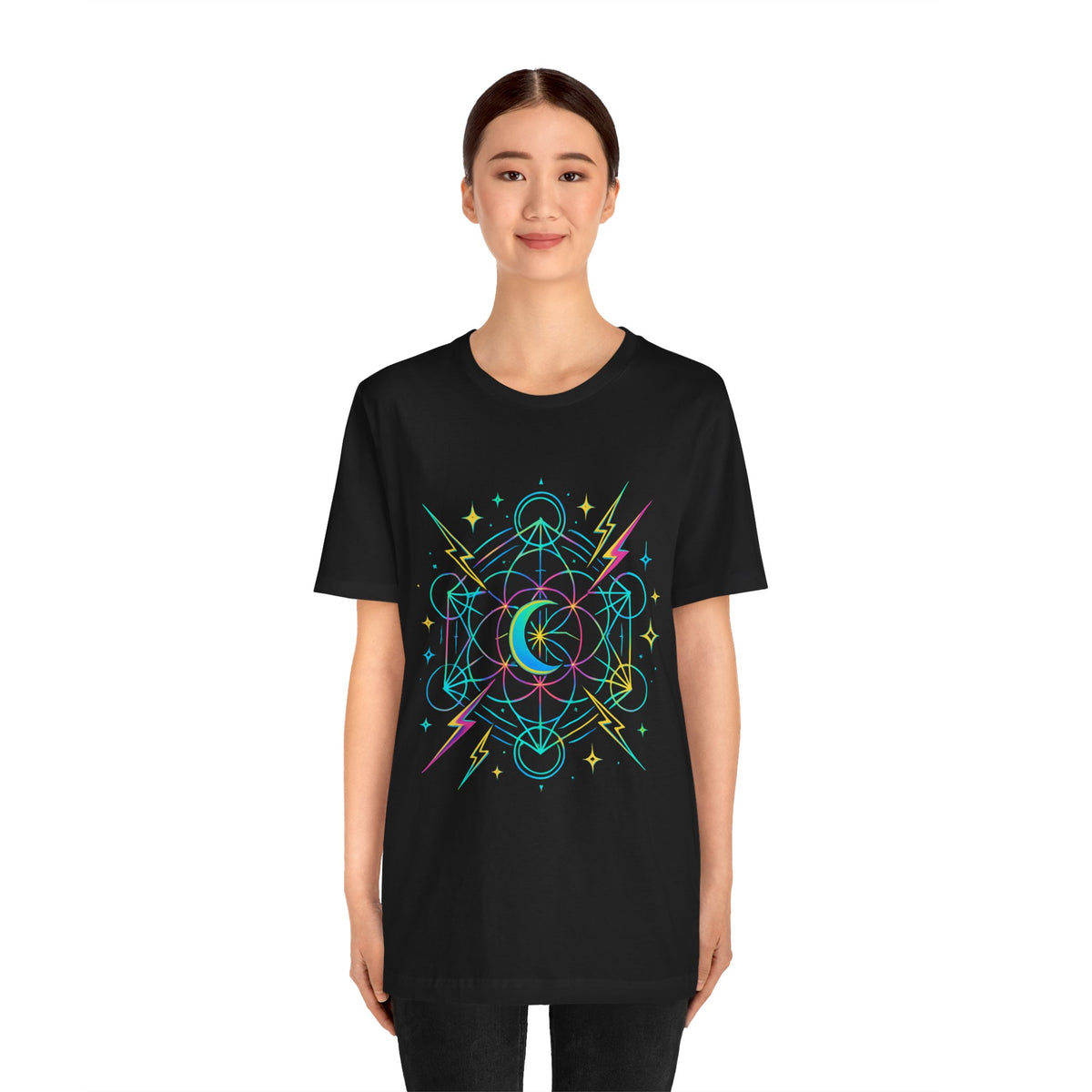 Cosmic Vibes Unisex Tee - Neon Lightning Design, Perfect for Festivals, Casual Wear, Gift for Dreamers, Unique Graphic Tee, Astrology Shirt