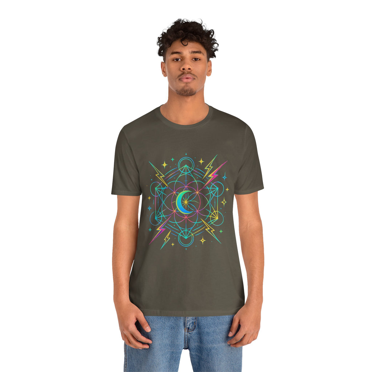 Cosmic Vibes Unisex Tee - Neon Lightning Design, Perfect for Festivals, Casual Wear, Gift for Dreamers, Unique Graphic Tee, Astrology Shirt