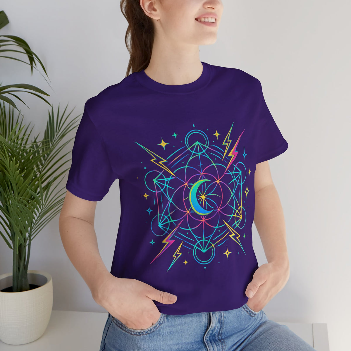 Cosmic Vibes Unisex Tee - Neon Lightning Design, Perfect for Festivals, Casual Wear, Gift for Dreamers, Unique Graphic Tee, Astrology Shirt