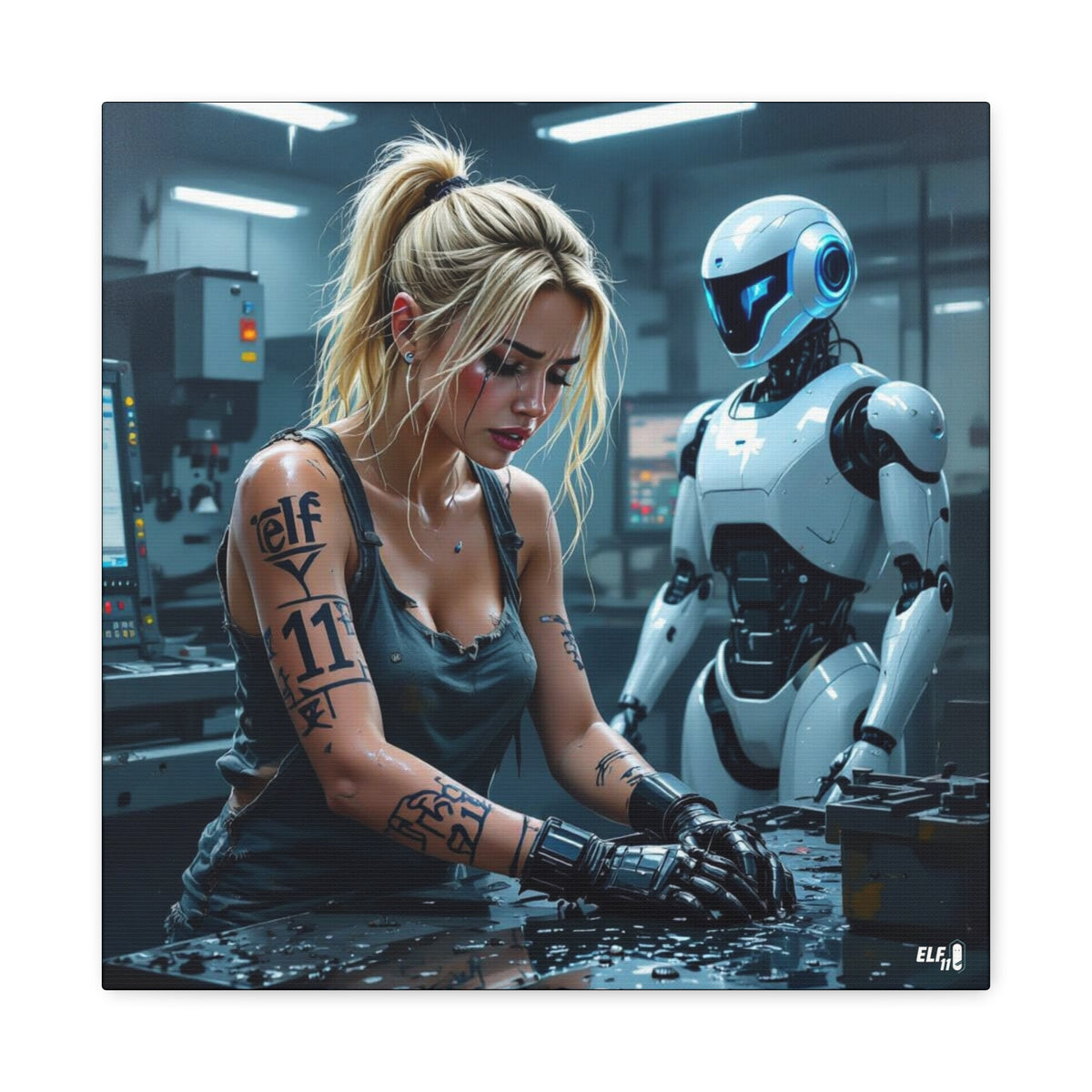 Robot and Woman machine shop modern future canvas picture