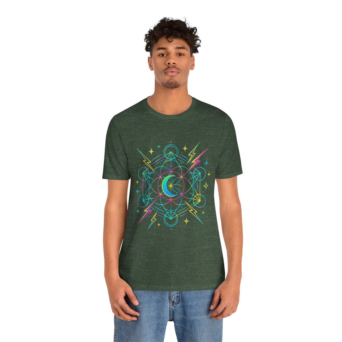 Cosmic Vibes Unisex Tee - Neon Lightning Design, Perfect for Festivals, Casual Wear, Gift for Dreamers, Unique Graphic Tee, Astrology Shirt