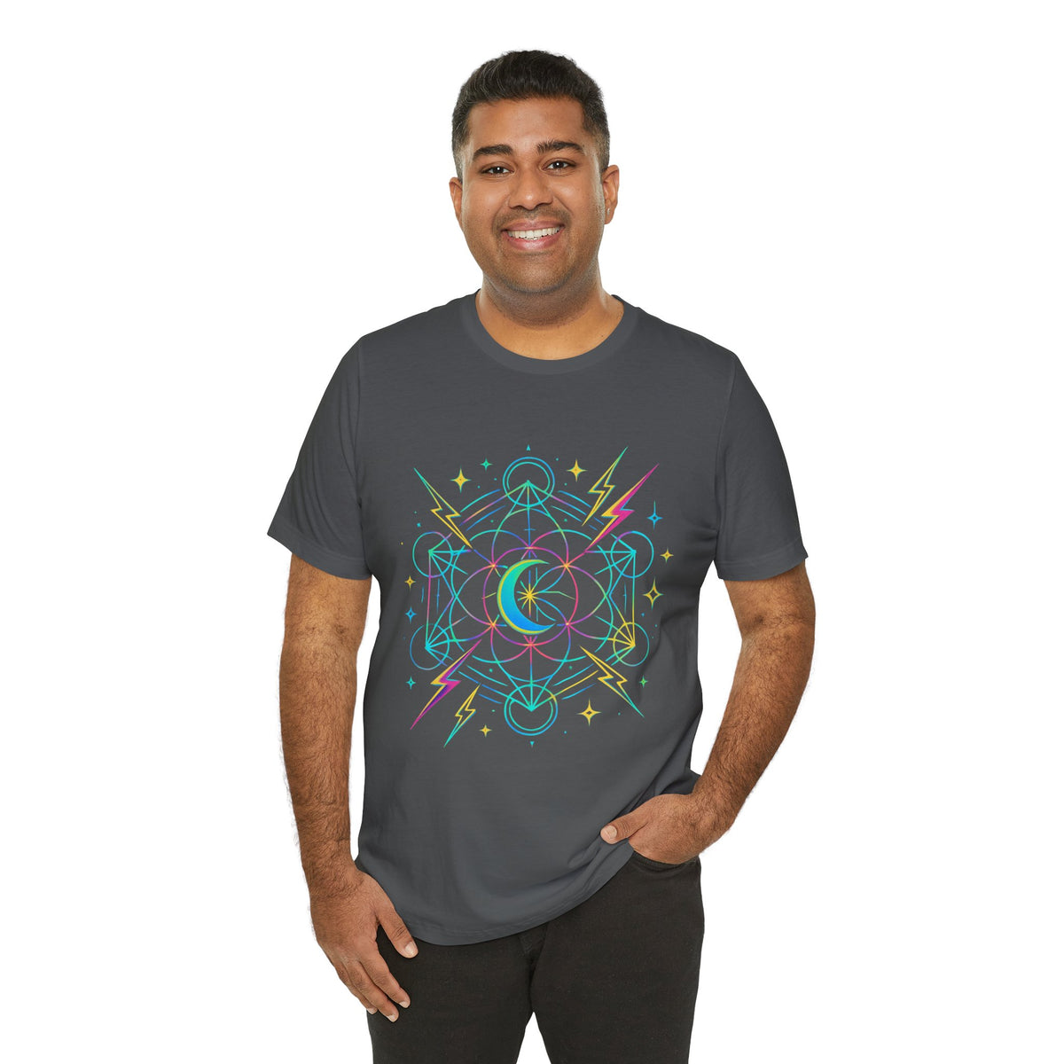 Cosmic Vibes Unisex Tee - Neon Lightning Design, Perfect for Festivals, Casual Wear, Gift for Dreamers, Unique Graphic Tee, Astrology Shirt