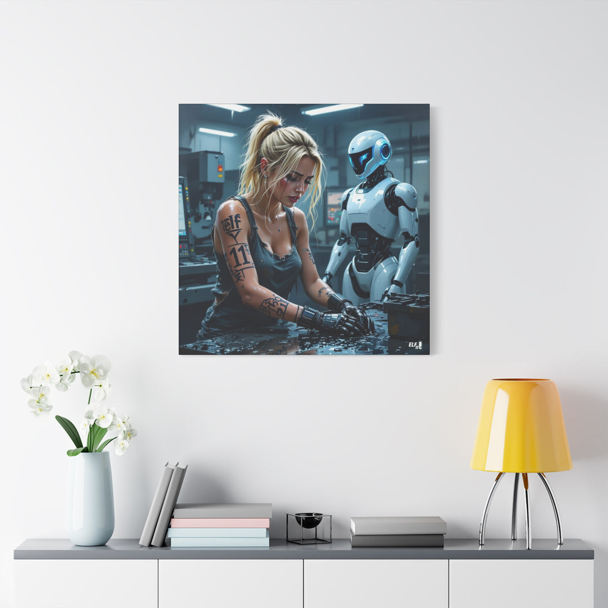 Robot and Woman machine shop modern future canvas picture