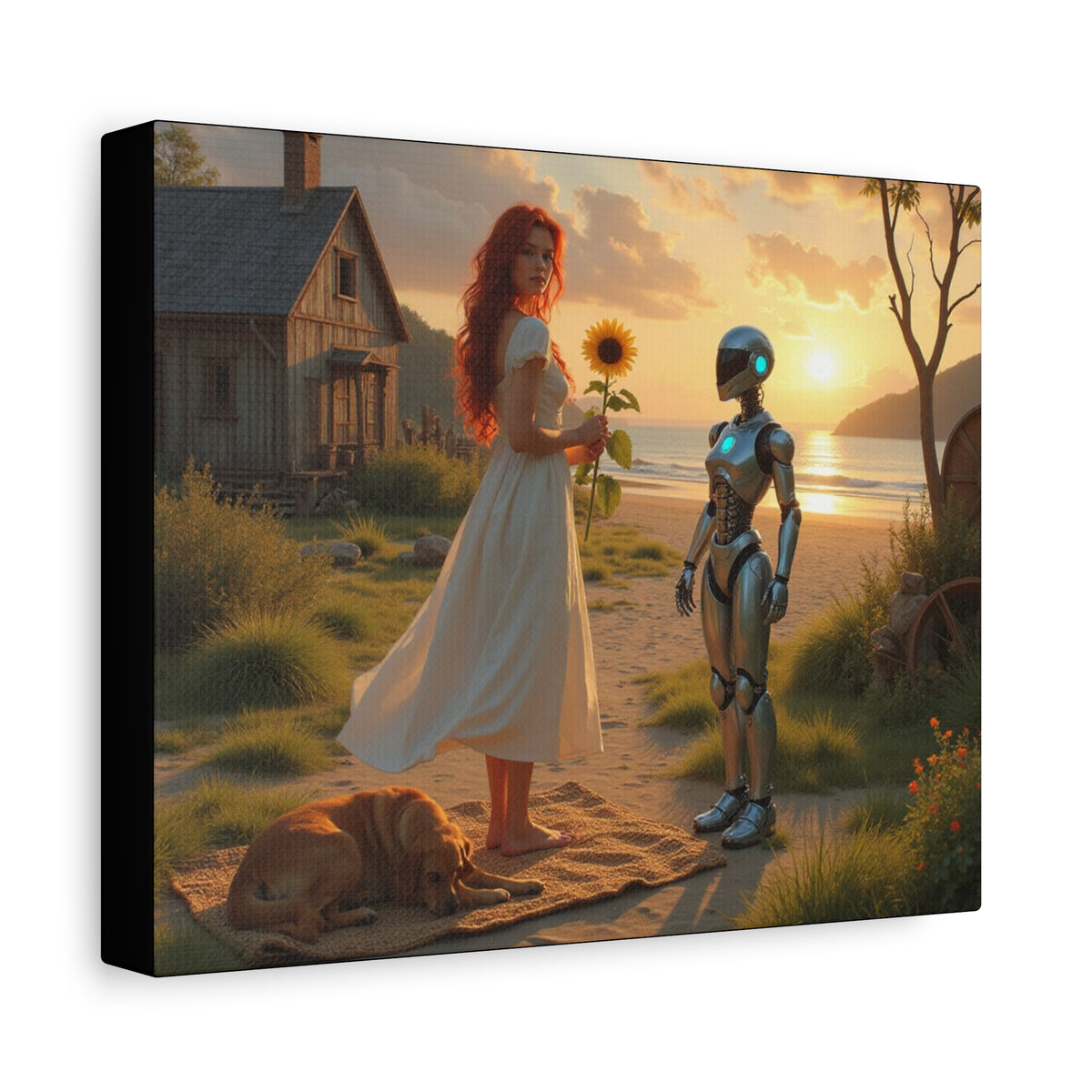 red head with sunflower modern future canvas picture