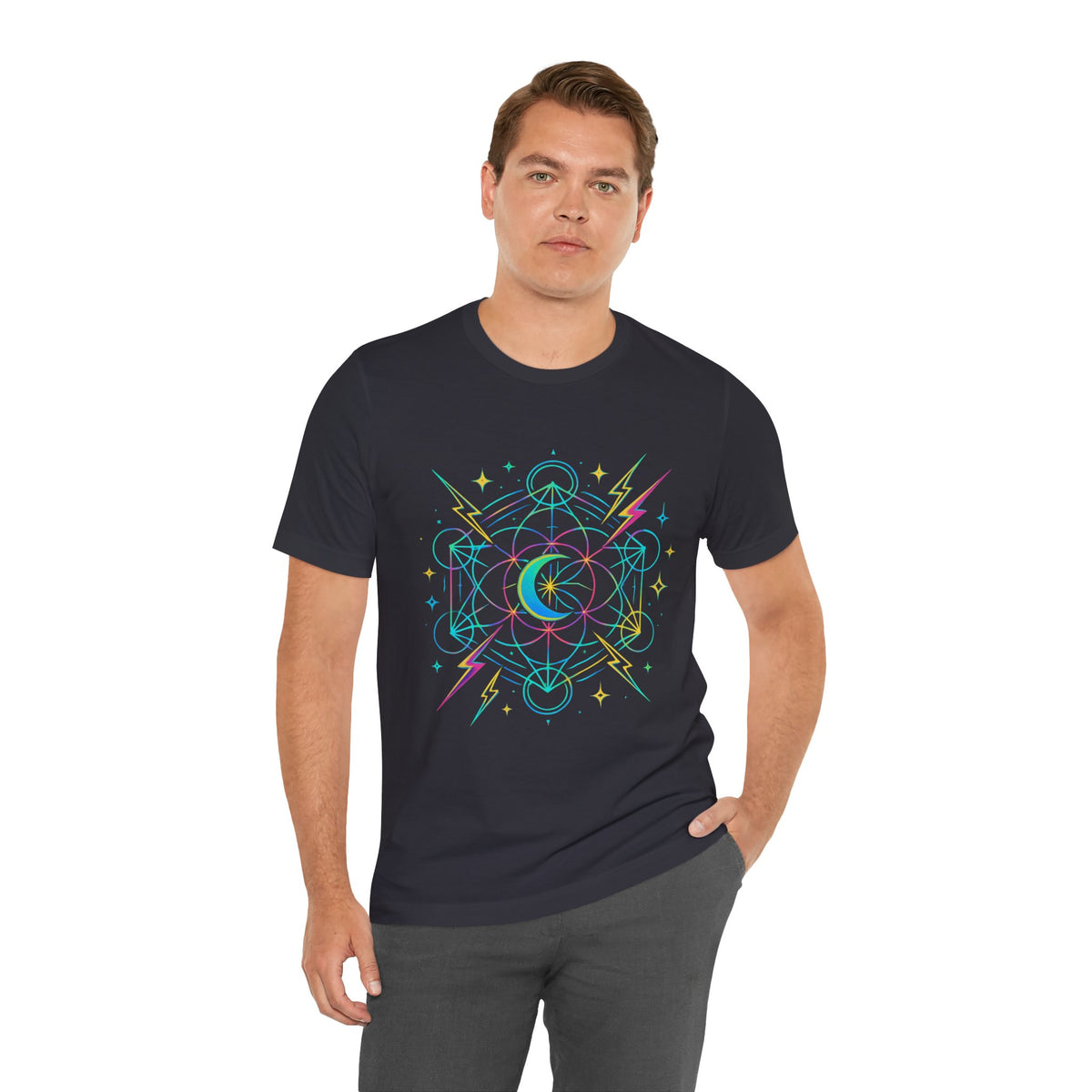 Cosmic Vibes Unisex Tee - Neon Lightning Design, Perfect for Festivals, Casual Wear, Gift for Dreamers, Unique Graphic Tee, Astrology Shirt