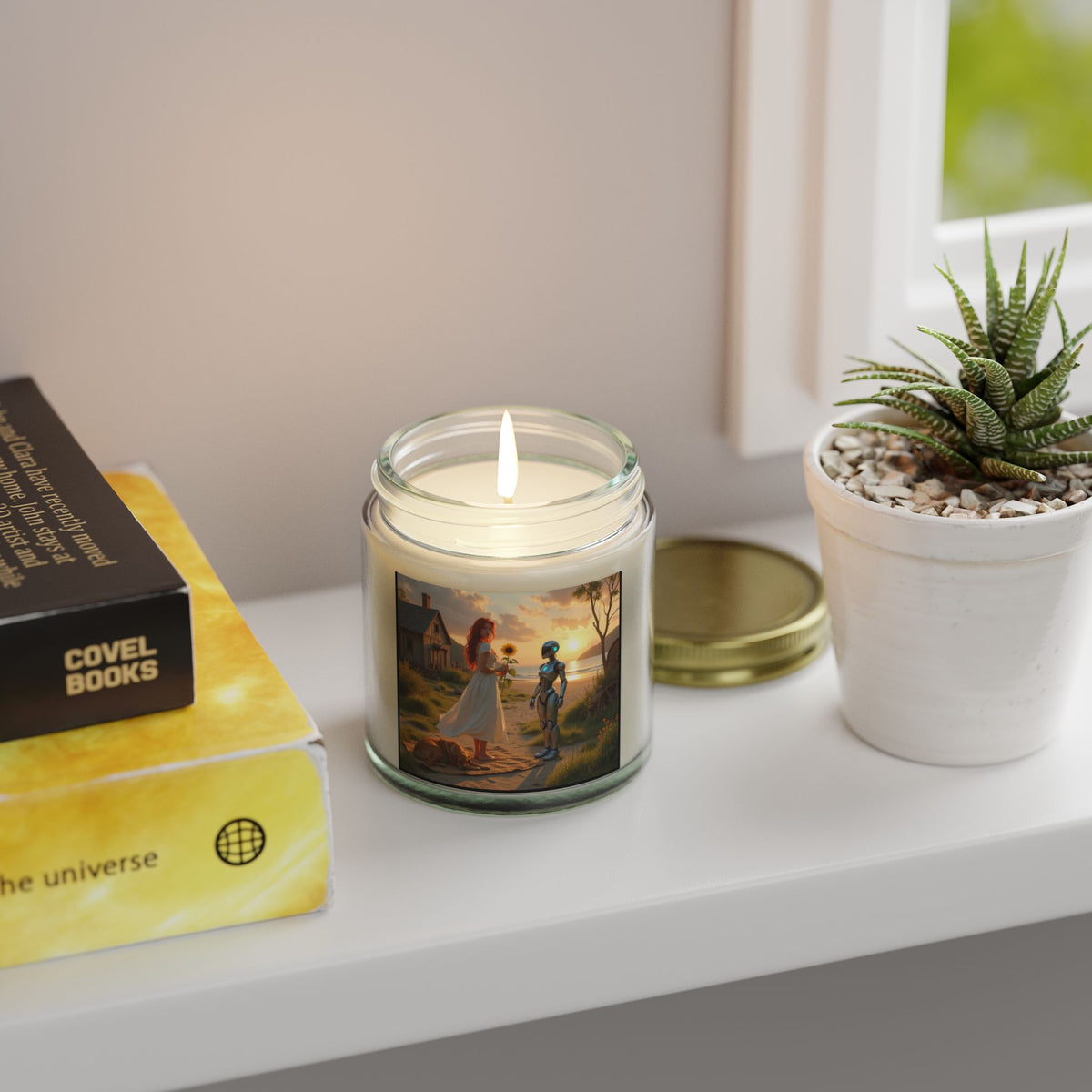 red head with sunflower modern future candle