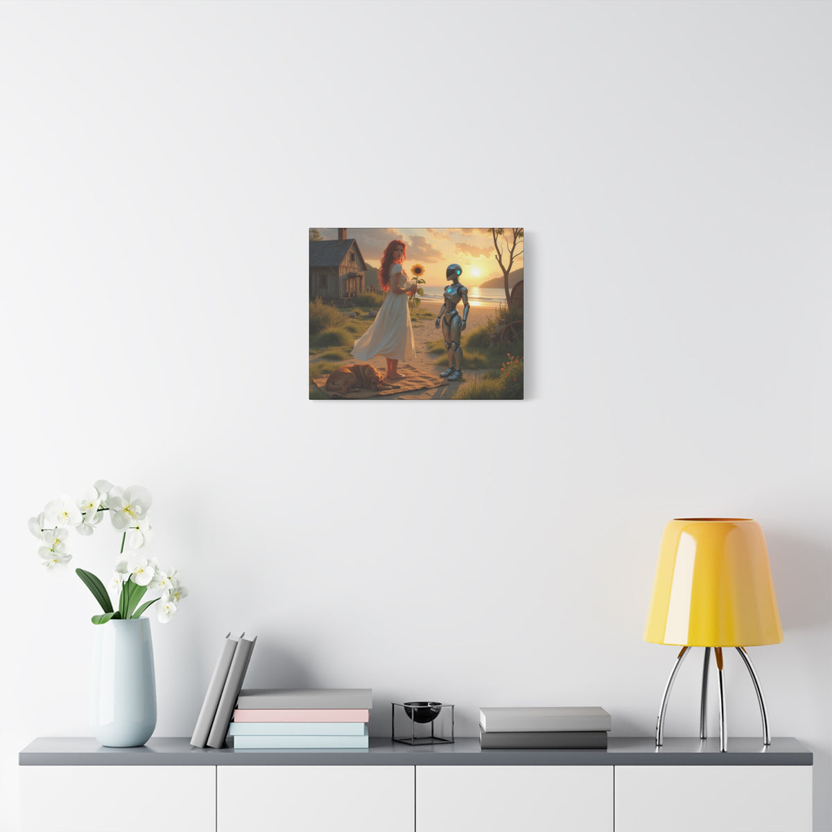 red head with sunflower modern future canvas picture