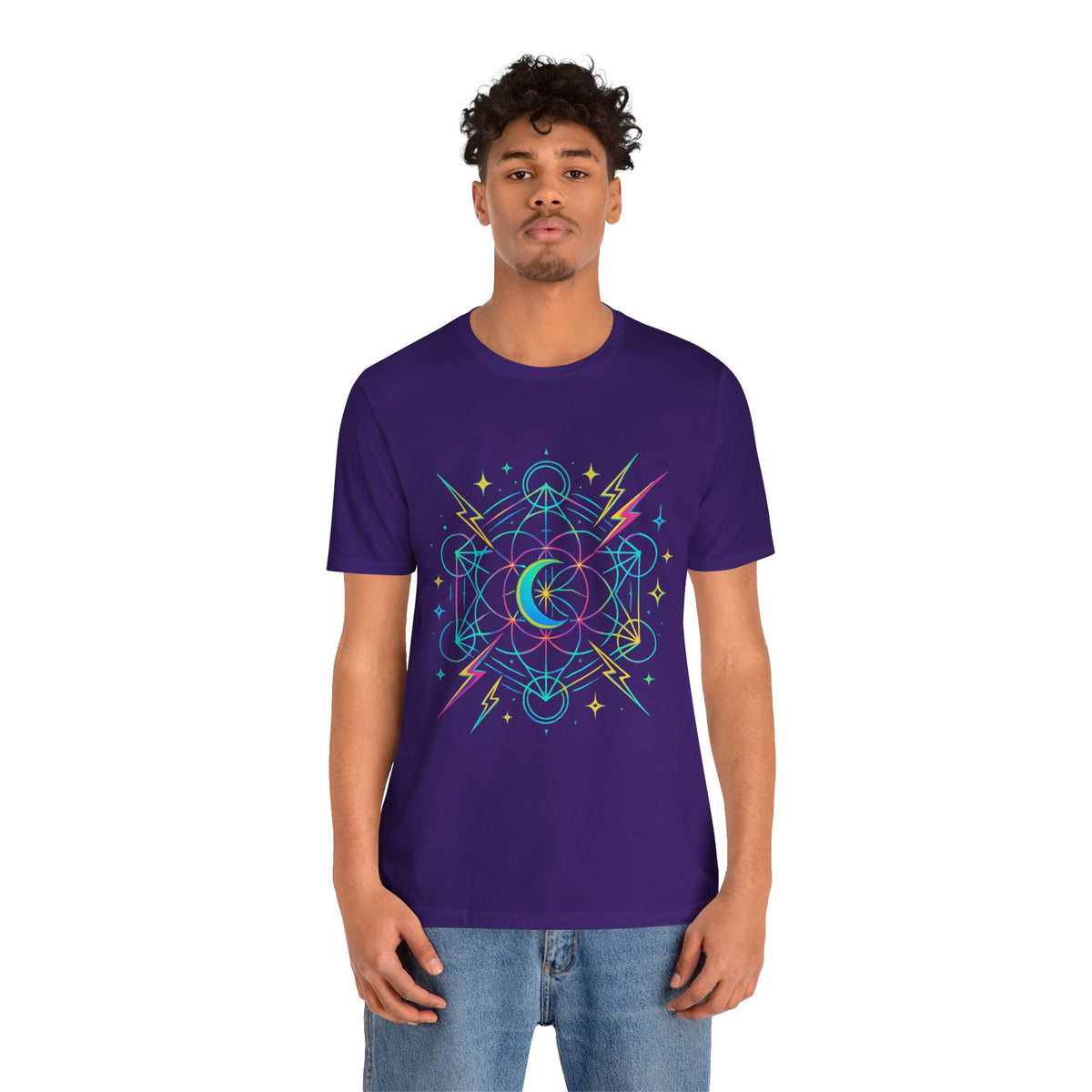 Cosmic Vibes Unisex Tee - Neon Lightning Design, Perfect for Festivals, Casual Wear, Gift for Dreamers, Unique Graphic Tee, Astrology Shirt