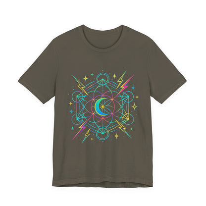Cosmic Vibes Unisex Tee - Neon Lightning Design, Perfect for Festivals, Casual Wear, Gift for Dreamers, Unique Graphic Tee, Astrology Shirt