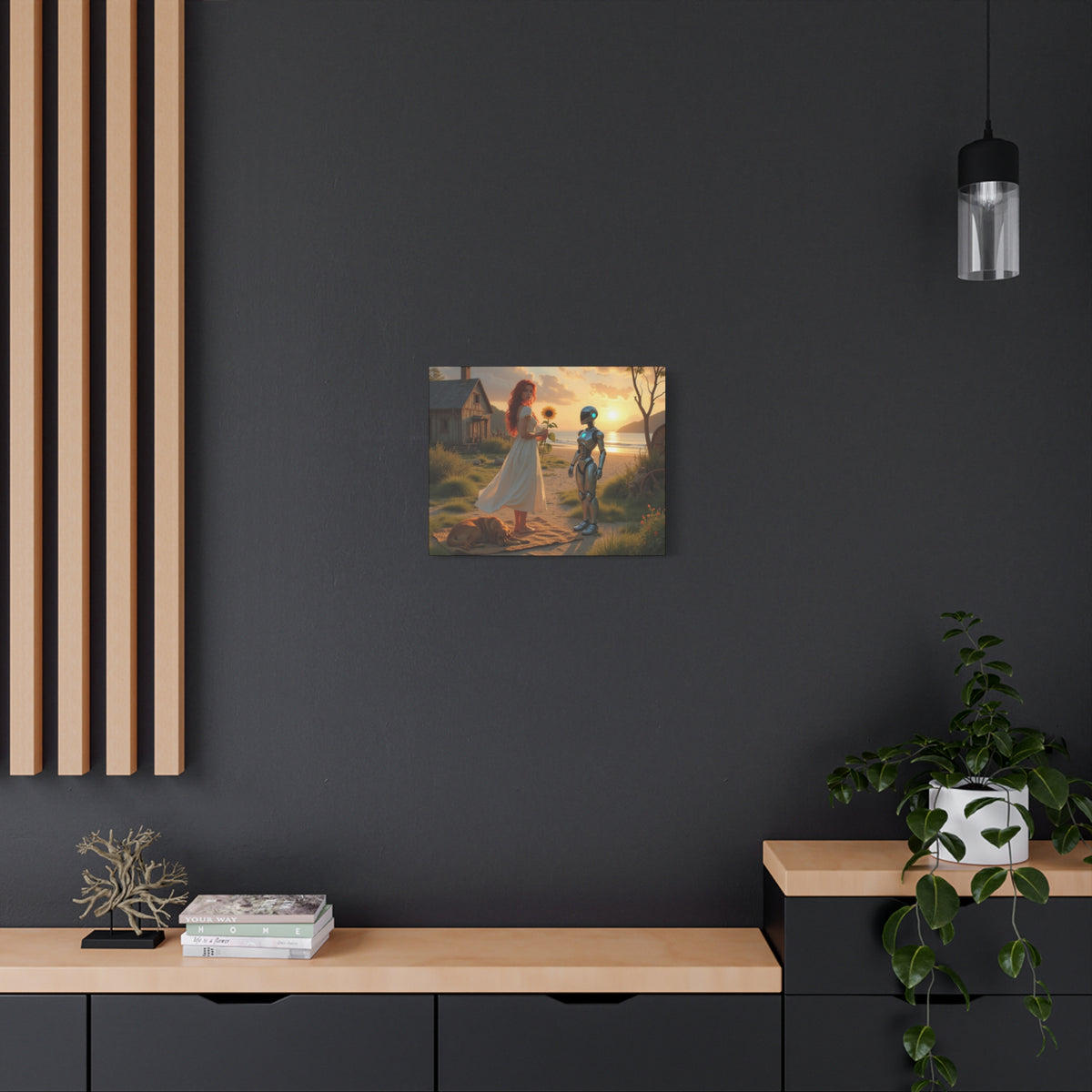 red head with sunflower modern future canvas picture