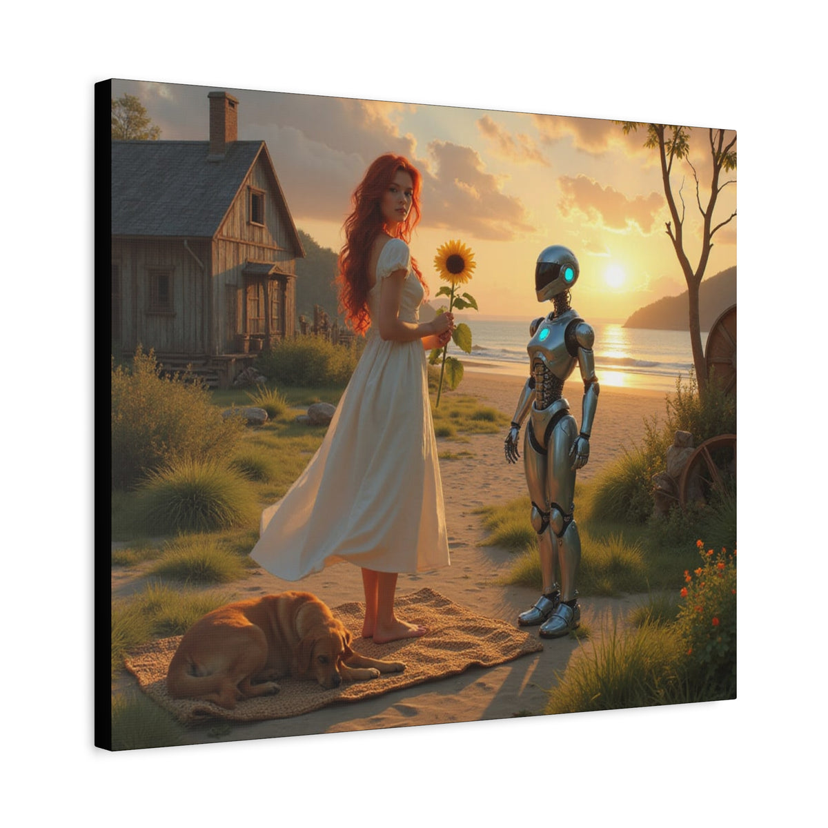 red head with sunflower modern future canvas picture