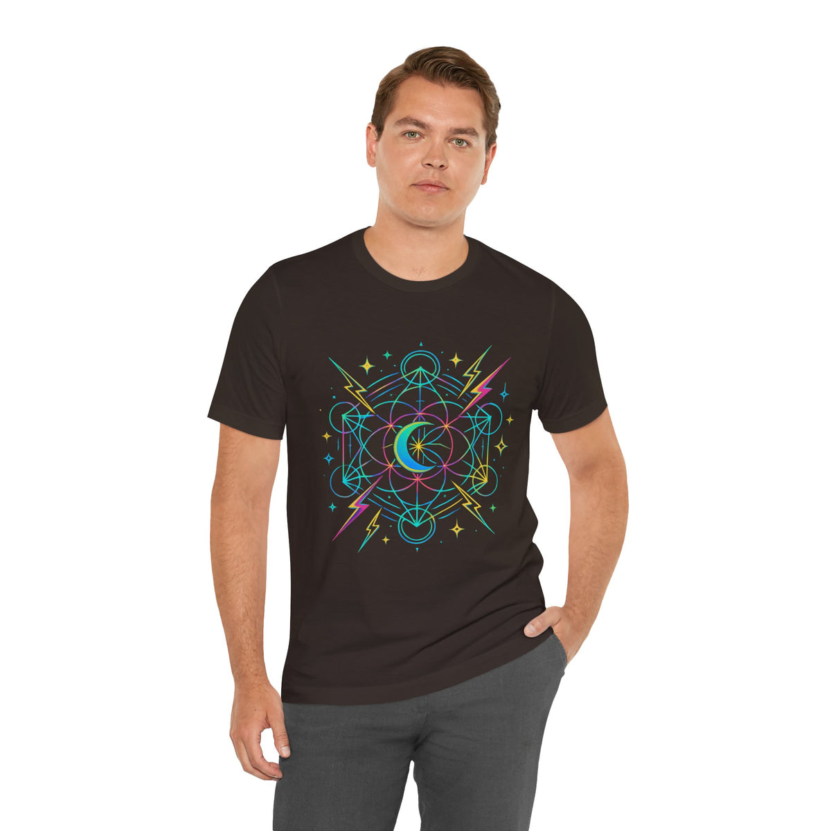 Cosmic Vibes Unisex Tee - Neon Lightning Design, Perfect for Festivals, Casual Wear, Gift for Dreamers, Unique Graphic Tee, Astrology Shirt