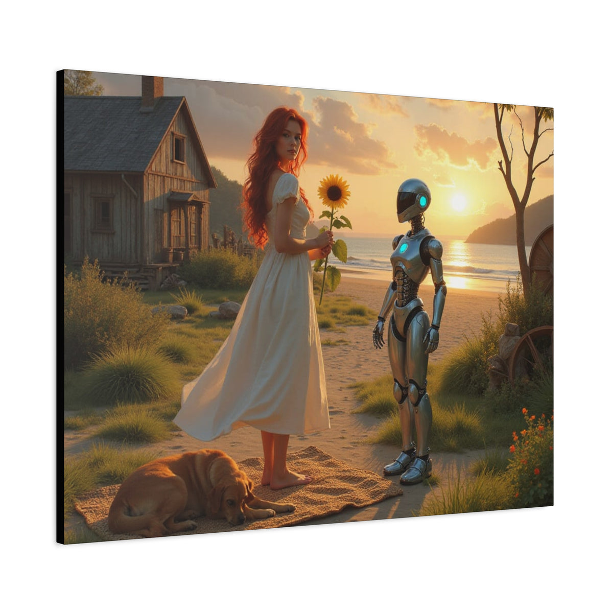 red head with sunflower modern future canvas picture