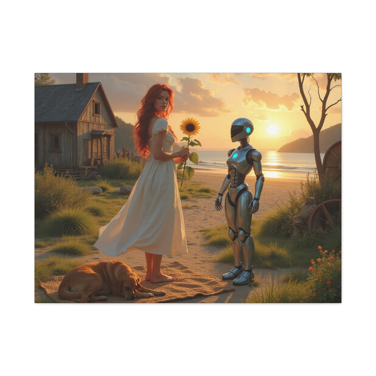 red head with sunflower modern future canvas picture